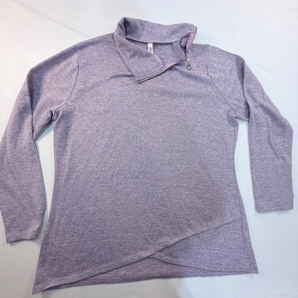 NY Collection Woman Pullover 1X Purple Marled Quarter Zip Asymmetrical Hem